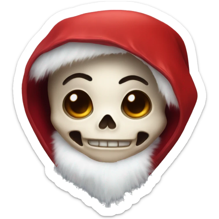 Cute, happy little skull wearing a red velvet hood with white fur trim. sticker