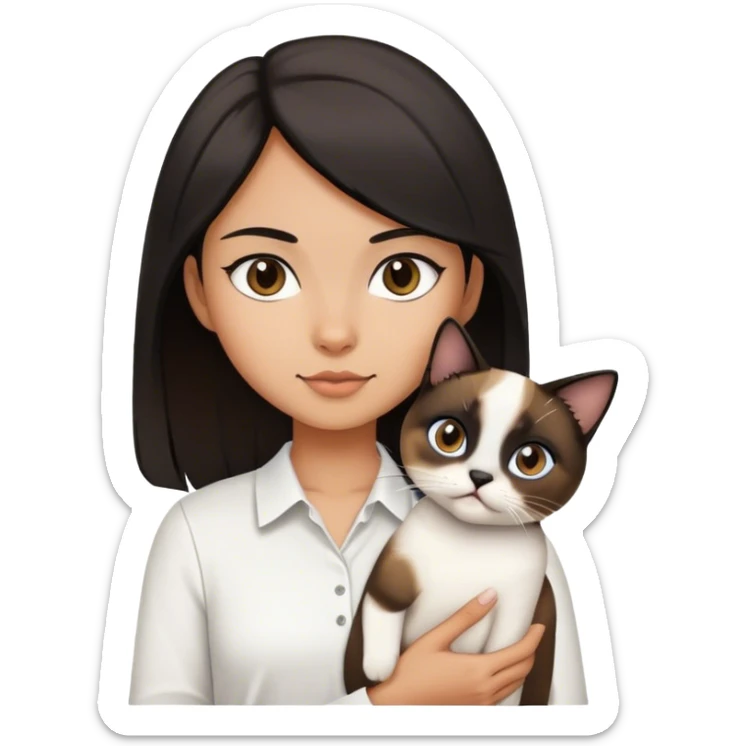 A girl with medium brown to black hair wearing a white shirt and holding a Siamese cat   sticker