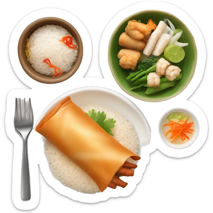 thai food mix with spring rolls and chicken vegetable and boil of rice sticker