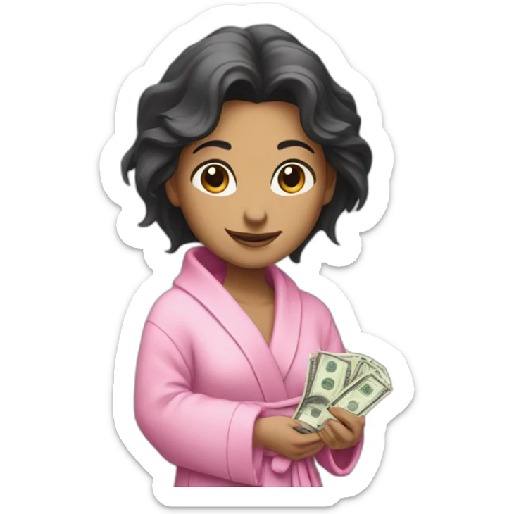 a rat female with a pink bathrobe and black hairs, holding a bunch of money sticker
