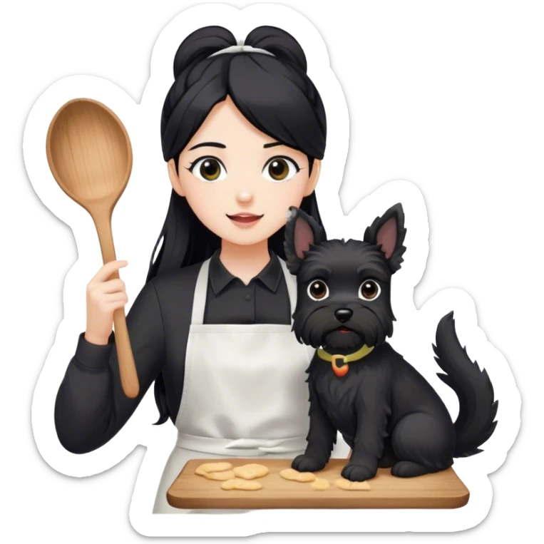 pale girl with long black hair wearing black long sleeve tshirt wearing apron and baking holding black floppy ear schnauzer no tail sticker