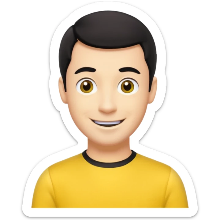 Greg Wiggle of The Wiggles with light skin, black hair, hazel eyes, yellow skivvy shirt sticker