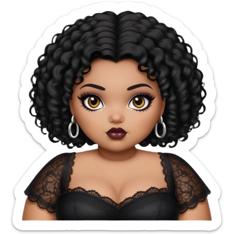 pretty bratz girl, fat pluz size body, black skin, black curly short black people hair, brown eyes, black eyeliner, black skin, gothic lace clothes sticker