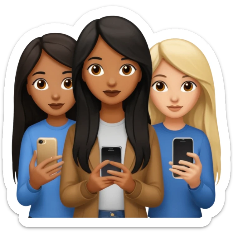 3 brown girl friends with a phone on their hand, one with black long hair, one with brown hair long and the other one with black and blonde hair,  sticker