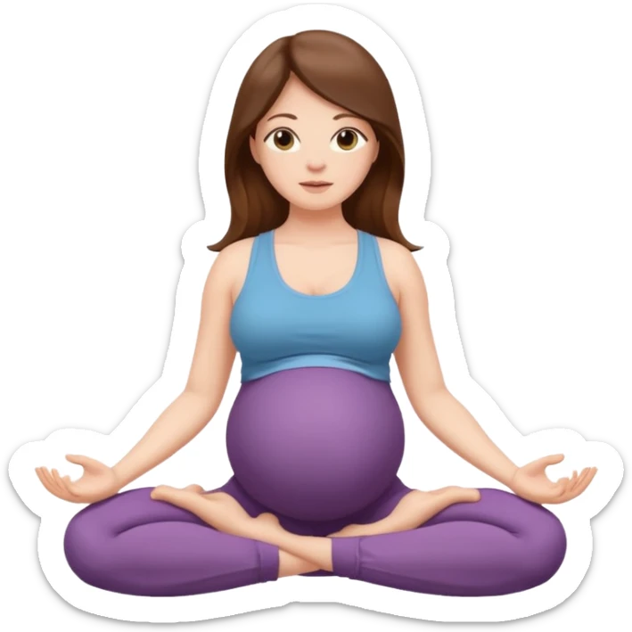 Pregnant woman sitting in a yoga pose with long brown hair and fair skin,." sticker