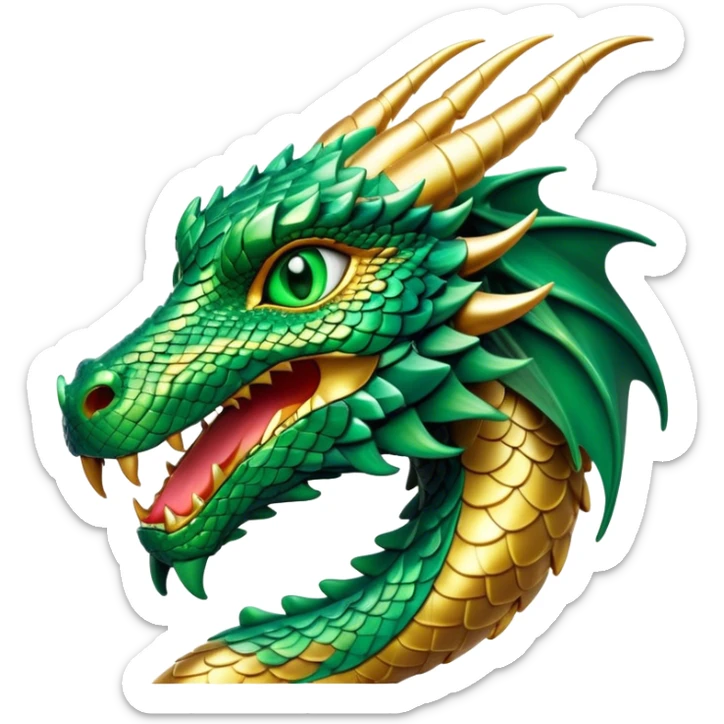 Cinematic Noble Dragon Portrait Emoji, Poised and majestic, with a sinuous, elongated body covered in intricately detailed, shimmering scales in hues of emerald and gold, and piercing, fiery eyes that reflect ancient wisdom; rendered with lifelike texture and natural highlights, high shine, intelligent and formidable, styled with an aura of mythic power, focused and attentive, soft glowing outline, capturing the essence of a legendary dragon that appears ready to soar out of the screen with timeless authority! sticker