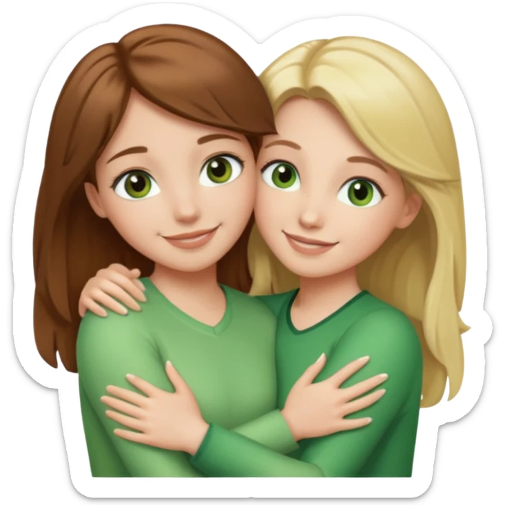 Maman avec les cheveux marrons les yeux marrons et la peau blanche, la fille avec les cheveux blond les yeux verts et la peau blanche, qui se font un câlin  sticker