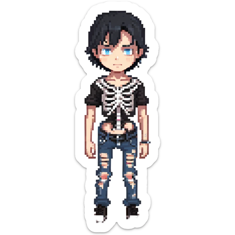 black-haired, blue-eyed boy wearing a black skeleton top and ripped black jeans sticker