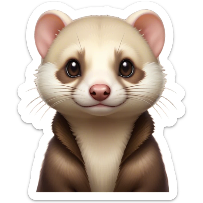 Cinematic Noble Ferret Portrait Emoji, Poised and dignified, with a sleek, elongated body and a distinct ferret head featuring a pointed snout, small, rounded ears, and intelligent, beady eyes, covered in soft, sleek fur with natural brown and cream hues, Simplified yet sharp and sophisticated features, highly detailed, glowing with a warm, natural glow, high shine, exuding an air of quiet confidence, focused and watchful, soft glowing outline, capturing the essence of a clever and majestic ferret that feels as though it could leap from the screen with effortless grace! sticker