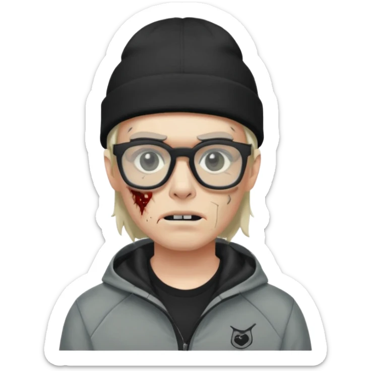 Hazme un zombie con gafas cuadradas y el marco negro y un gorro negro y un saco Nike tech gris sticker