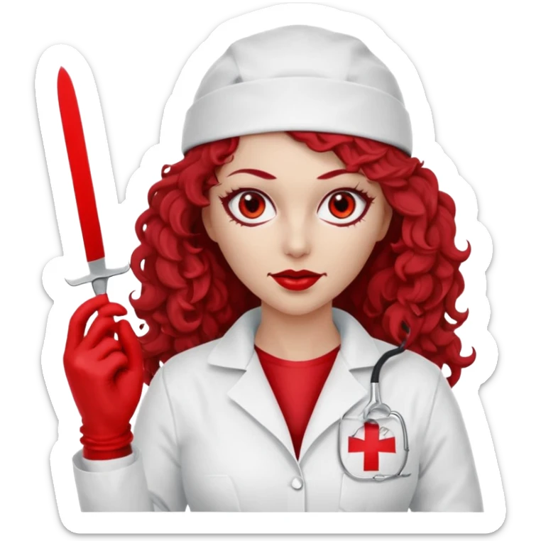 Scary woman scalpel in hand, evil surgeon sexy surgeon clothes.  She has red eyes. Her  brown long curly hair. Wears sexy doctor outfit with red gloves. make her wear red ski mask  to hide. Wears white surgeon jcketneb sticker