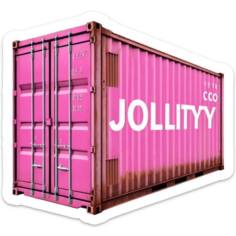 a pink shipping container with the words "Jollity & Co." in big letters on the long side sticker