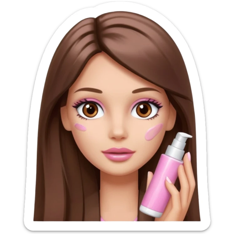 Barbie girl a brown long Straight hair and brown eyes is In pale pink smears by hand cosmetic cream on her face sticker