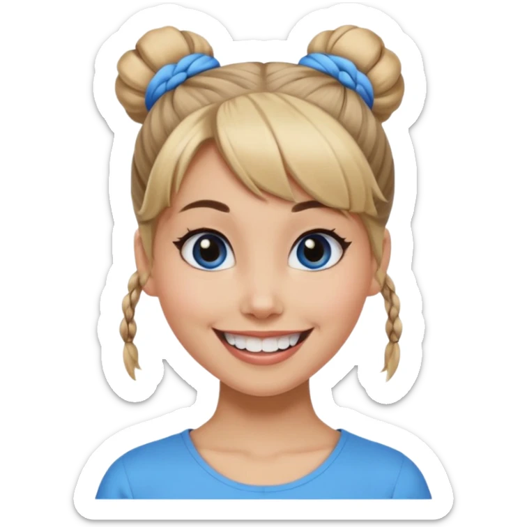 Now tied up her hair in a half-bun ,the on her head is black, while her bang is blue. Bigger eyes and brighter smile, show teeth while smiling sticker