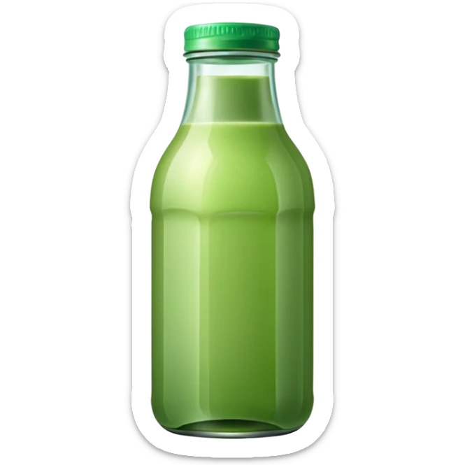 Transparent glass bottle of green detox juice, soft pastel background sticker
