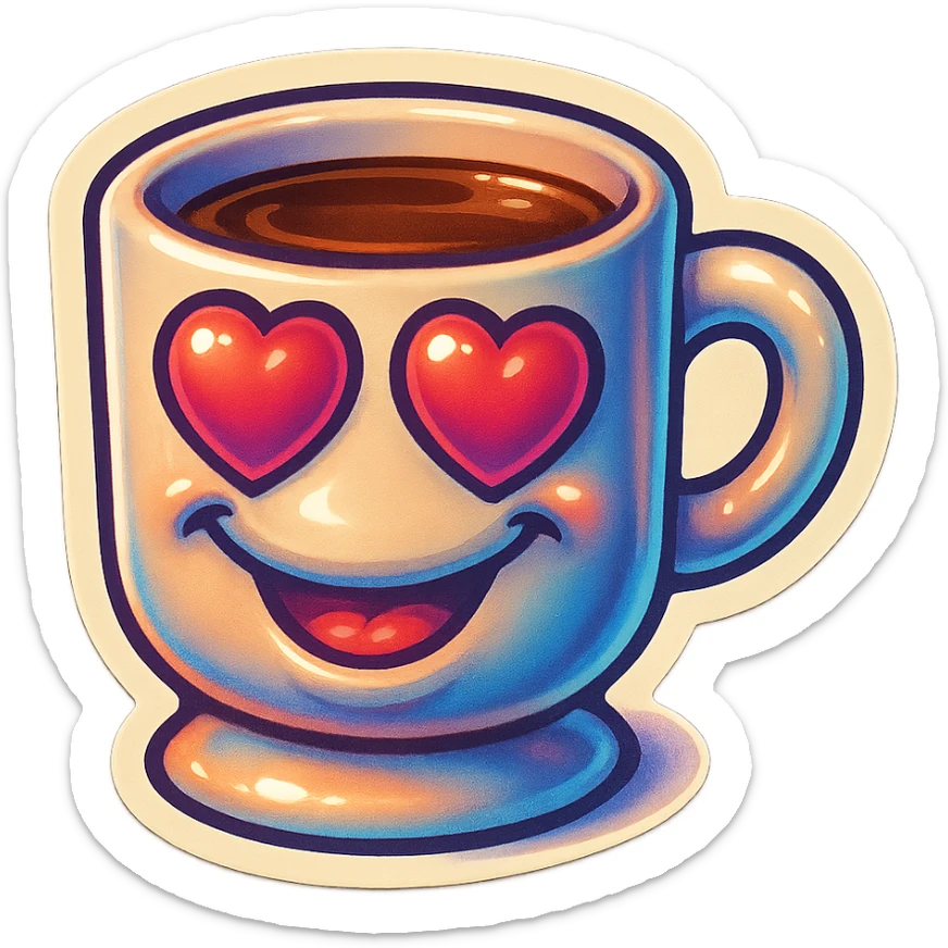 coffee cup creature, big heart eyes, dopey smile sticker