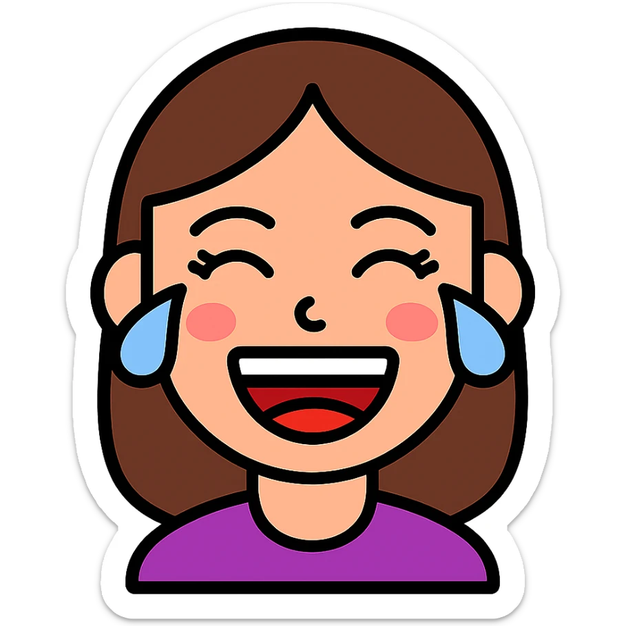 vibrant vector emoji of a female face laughing out loud, eyes tightly closed with joyful tears, wide open mouth showing teeth and tongue, flushed cheeks, expressive and lively, long eyelashes, subtle makeup details, bright colors, clean and smooth lines, playful and energetic style, clearly showing uncontrollable laughter sticker