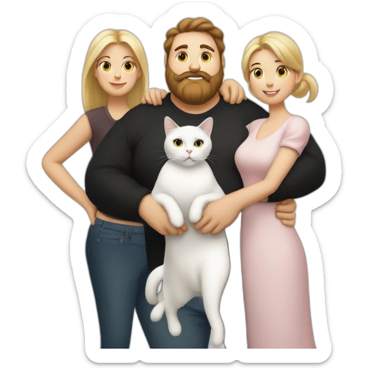 Family photo a fat husband with a beard is holding a white cat and wife with straight hair is holding another black cat sticker