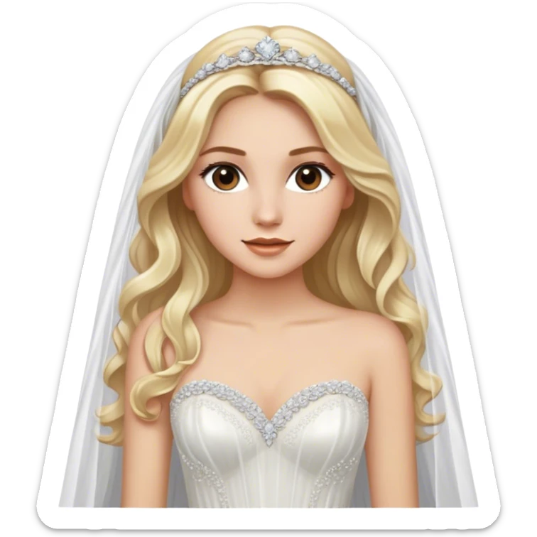 pretty blonde with brown eyes, long wavy hair, glamorous white tulle gown, wedding veil, and diamond jewelry, highly-detailed sticker