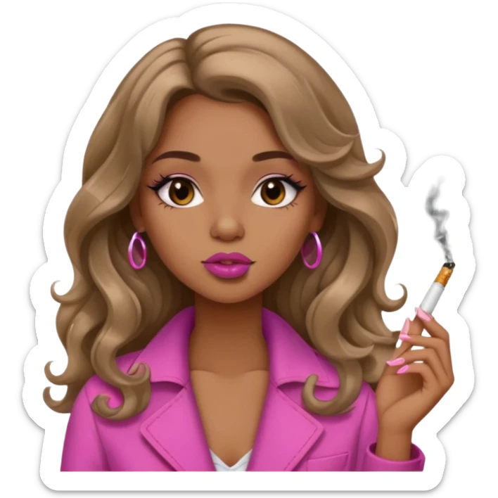 Curvy, light brown long hair, nsfw pretty black girl pink lipgloss smoking sticker