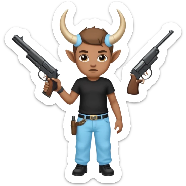 Gang member with baby blue and black and a gun and horns on the head sticker