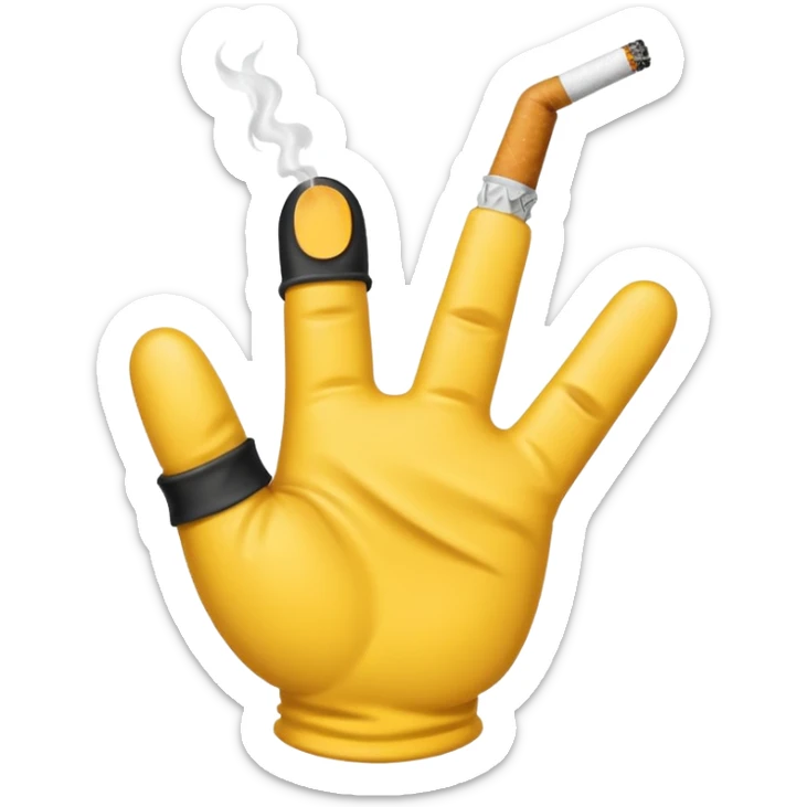 Apple emoji style cartoon white glove hand with three black lines on the back holding a cigarette sticker