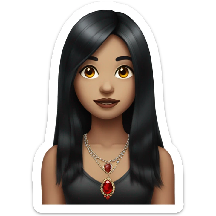 portrait of a girl with long black hair with red highlights and jewelry sticker