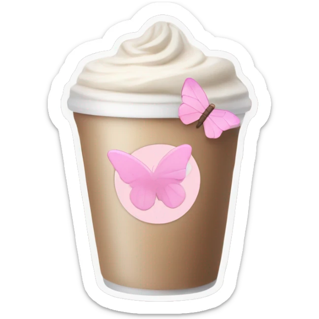 Latte coffee with the pastel pink glass and a pink butterfly sticker sticker