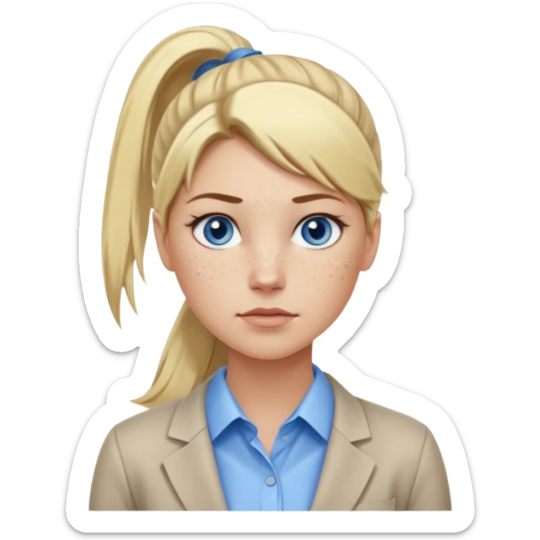 Just a head, blonde hair with lowlights in a ponytail, blue eyes, some freckles, a little older female ready to get some tasks done at work, no bod sticker