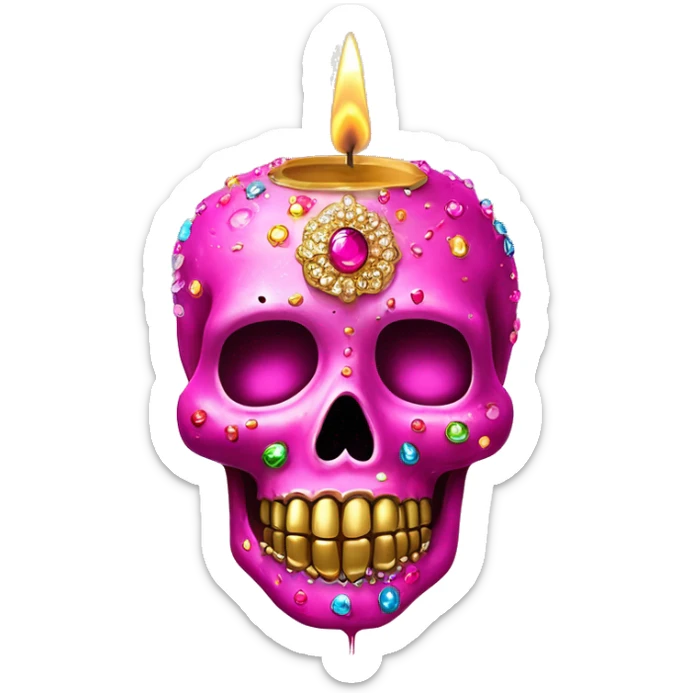 Realistic hot pink sugar skull decorated with colorful rhinestones with metallic gold candle on top of its head dripping meltdown metallic gold wax down skull sticker