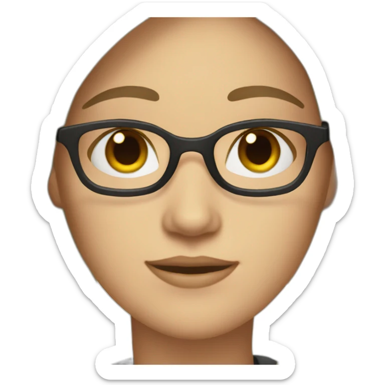 A white woman with glasses and long dark hair and brown eyes with a job sticker