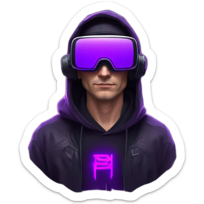 Russian man in the black hoody with violet logo on it wearing vr headset. Cyberpunk style. Violet neon. sticker