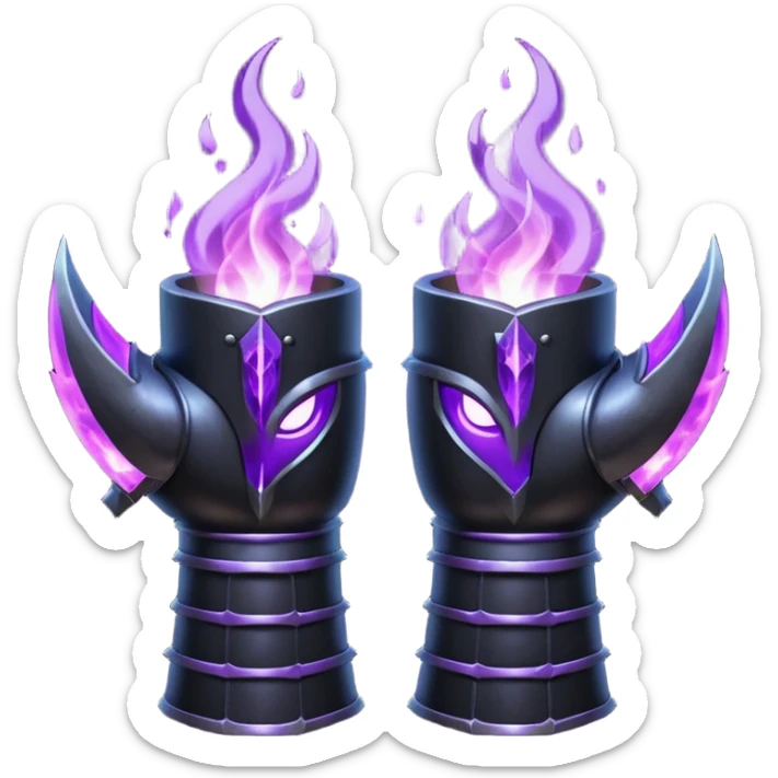 A Discord emoji of a pair of black armored gauntlets holding a flickering violet flame. The hands are positioned as if offering a gift. Dark gothic fantasy, glowing magical effects, high contrast, 2D vector style, white background. sticker