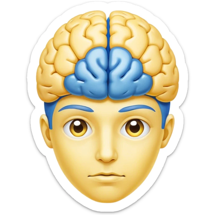 A real person face emoji, skin is emoji yellow, and hair is replaced by a blue brain sticker