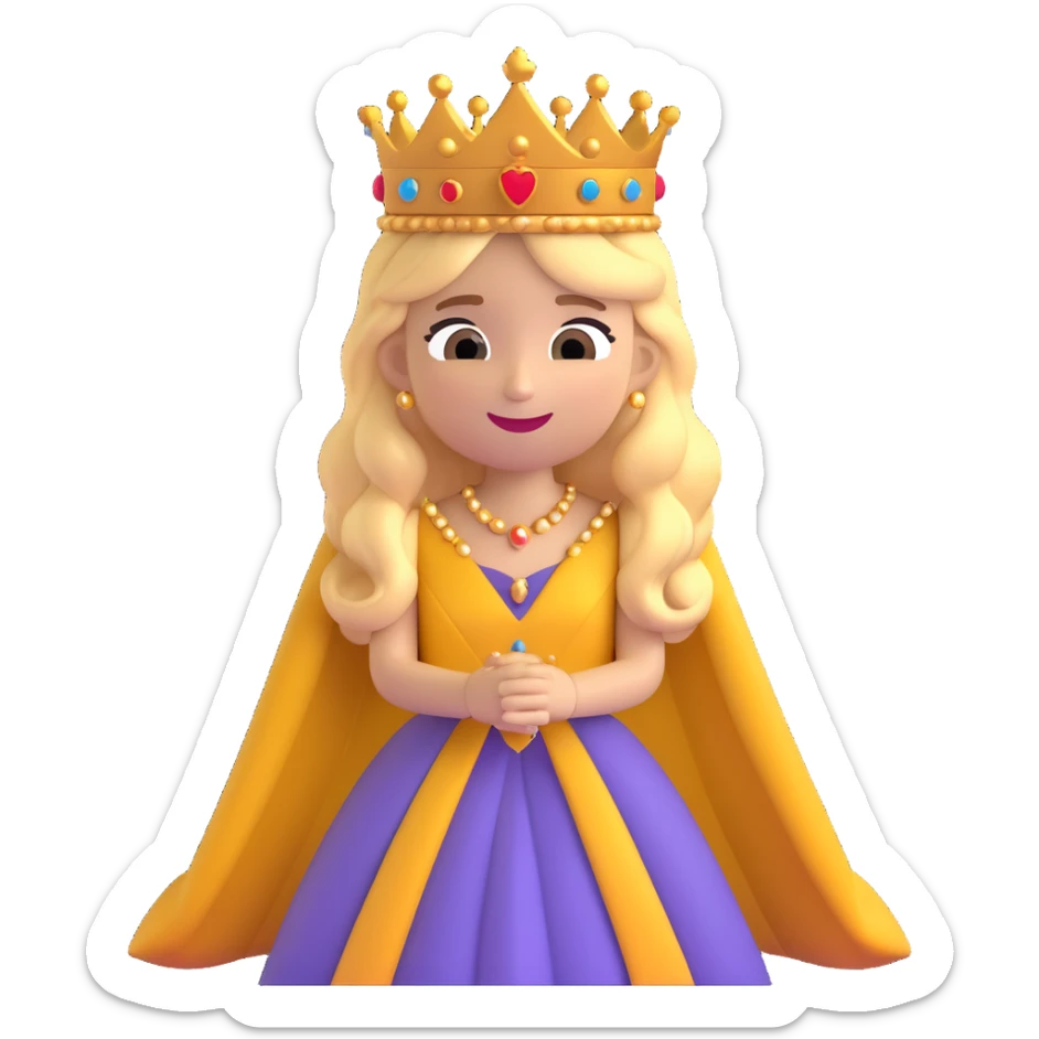 A cartoon-style princess emoji with long hair, wearing a golden crown, smiling softly, and dressed in a royal gown sticker