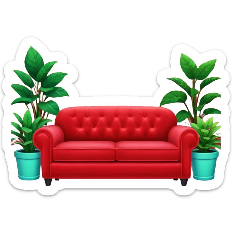 red velvet couch, mic in front, houseplants in back, and a neon sign saying "karaoke", and NO PEOPLE IN IT sticker