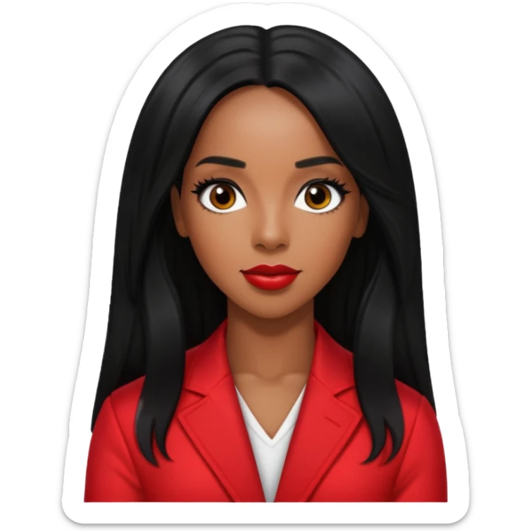 Kelly Rowland from Destiny's Child with long jet black hair, red outfit sticker