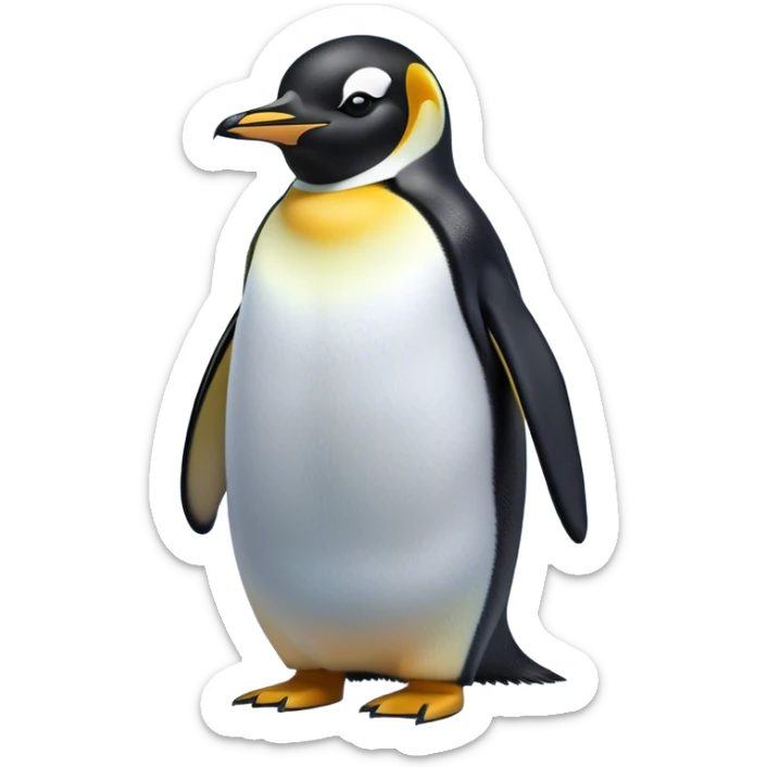 Cinematic Noble Emperor Penguin Portrait Emoji, Poised and regal, standing proudly on icy terrain with crisp black and white plumage and determined, deep-set eyes, Simplified yet sharp and sophisticated features, highly detailed, glowing with a soft, dignified polar glow, high shine, intelligent and stalwart, stylized with an air of imperial command, focused and resolute, soft glowing outline, capturing the essence of a watchful and confident arctic guardian that feels as though it could waddle out of the screen with effortless authority! sticker