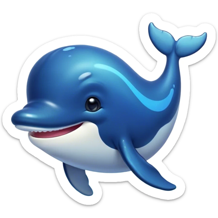 Cinematic Cute Humpback Whale Portrait Emoji, Head tilted playfully and inquisitively, featuring a softly rounded body with bright, sparkling eyes and an adorably expressive mouth, Simplified yet irresistibly adorable features, highly detailed, glowing with a warm, ocean-blue glow, high shine, affectionate and gentle, stylized with a touch of whimsical aquatic charm, soft glowing outline, capturing the essence of a friendly and endearing whale that seems as if it could sing its way into your heart! sticker