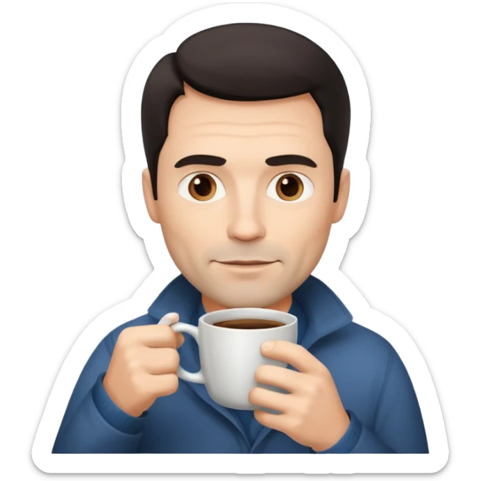 A handsome 45 year old white man with dark hair in a fog drinking a cup of coffee sticker