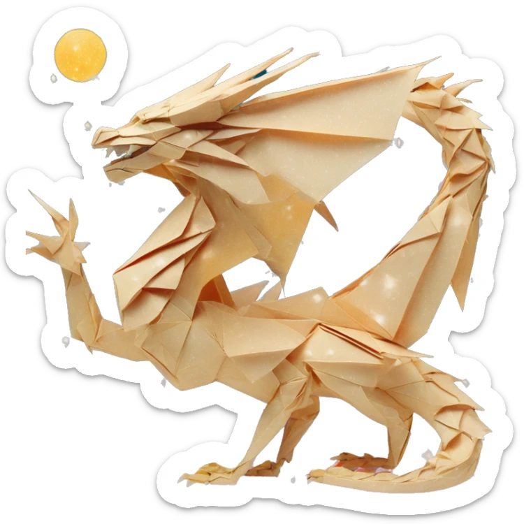 Sparkling patterned Beige Origami dragon with a dried flower crown made of newspapers intricate patterns surrounded by fairy lights nebula galaxy stars swirls iridescent orange cyan yellow sticker