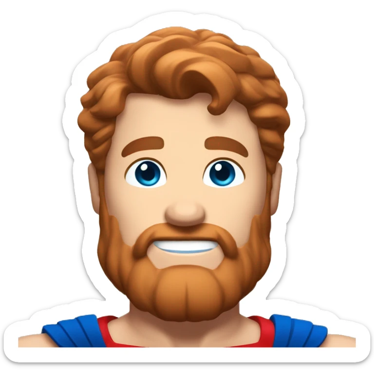 Irish superman, redish hair, blue eyes, redish brownish facial hair, muscular body, smiling sticker