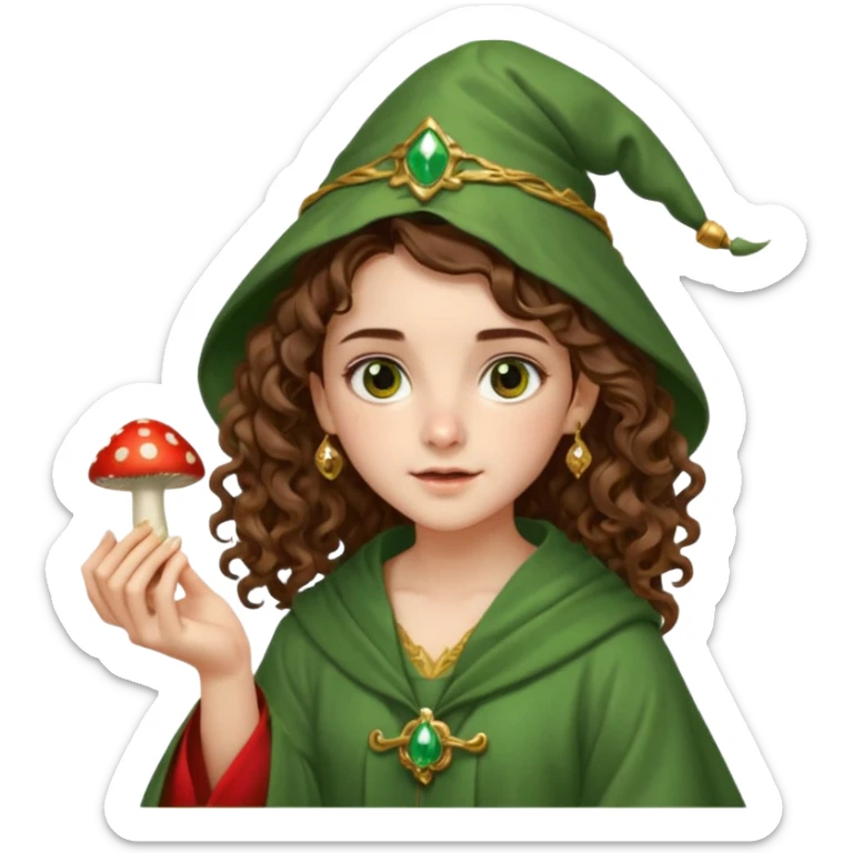 very beautiful italian girl, hazelnut brown eyes, looking like Emma Watson, with curly and big volume very bright brown hair, and a golden piercing ring in nose on left side, dressed in a beautiful wizard robe of green colors, holding red fly mushroom sticker