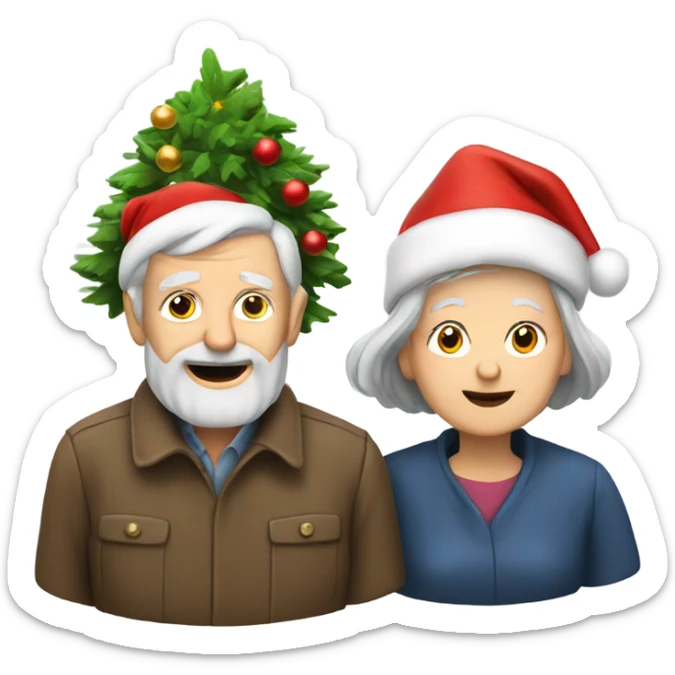 Old man and old woman with a Christmas tree on top of them sticker