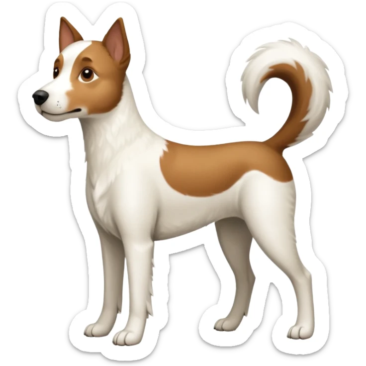 a full body large white parson russell looking dog the size of a kelpie with light brown ears and a light brown patch on one eye and a large snout sticker