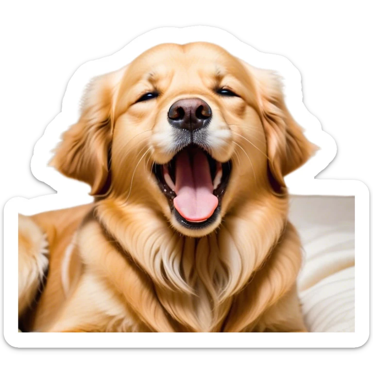 Cinematic Cute Yawning Golden Retriever Portrait Emoji, Head tilted slightly with a dramatic, wide-open yawn, showcasing a silky golden coat with a subtle shimmer, floppy ears slightly drooping, round brown eyes barely open in drowsy contentment, Simplified yet irresistibly adorable features, highly detailed, glowing with a soft, cozy glow, high shine, relaxed yet expressive, stylized with a touch of whimsy, bright and endearing, soft glowing outline, capturing the essence of a sleepy yet affectionate companion, so drowsy it feels like it could stretch out of the screen and curl up for a nap! sticker