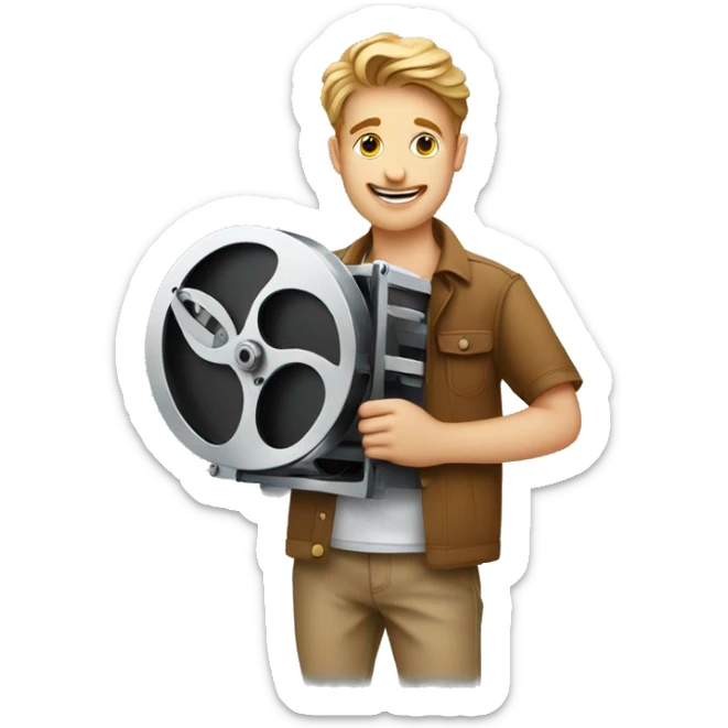 young film director holding a movie film cutter sticker