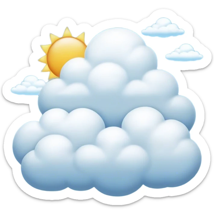 Cinematic Realistic Cumulus Emoji, Big and puffy, with cotton-like clouds floating in the clear blue sky. The rounded tops of the clouds glow with the light of the sun, while their soft, white texture adds a sense of calm and spaciousness. Soft glowing outline, capturing the essence of warmth, comfort, and peaceful skies in a perfect cumulus cloud! sticker