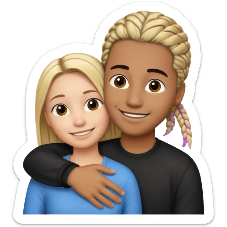 dirty blonde girl with straight hair and medium toned guy with black cornrows hair hugging sticker