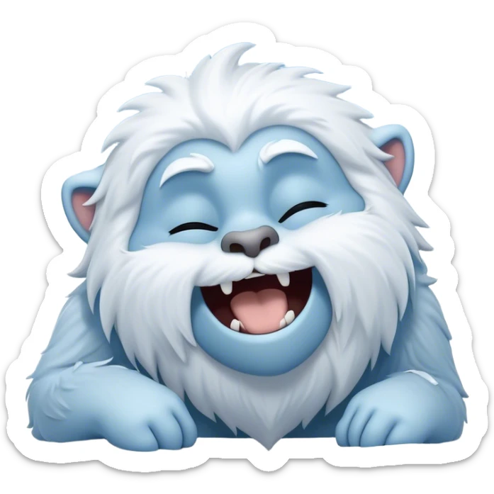 Cinematic Cute Yawning Yeti Portrait Emoji, with a charming, fluffy, snow-dusted figure in gentle whites and cool blues, head tilting back in a wide, endearing yawn with softly closed, peaceful eyes and a content little smile, simplified yet irresistibly adorable, highly detailed with a soft, frosty glow and outline capturing the serene slumber of a yeti! sticker